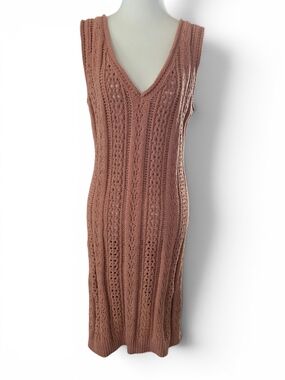 POL Sleeveless V-Neck Crochet Knit BrownMidi Dress